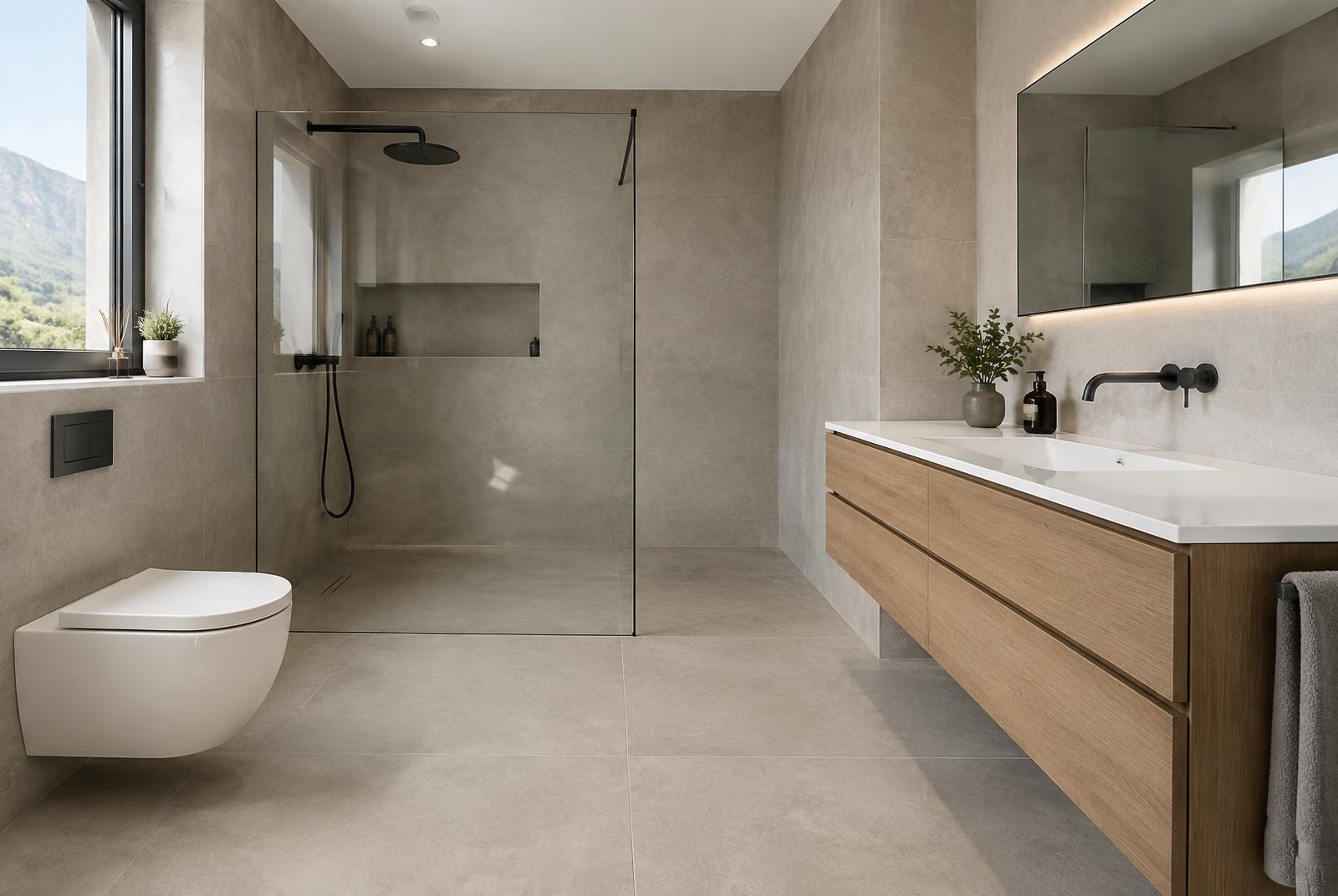 Modernes Badezimmer mit grossformatiger Keramik und bodenebener Dusche