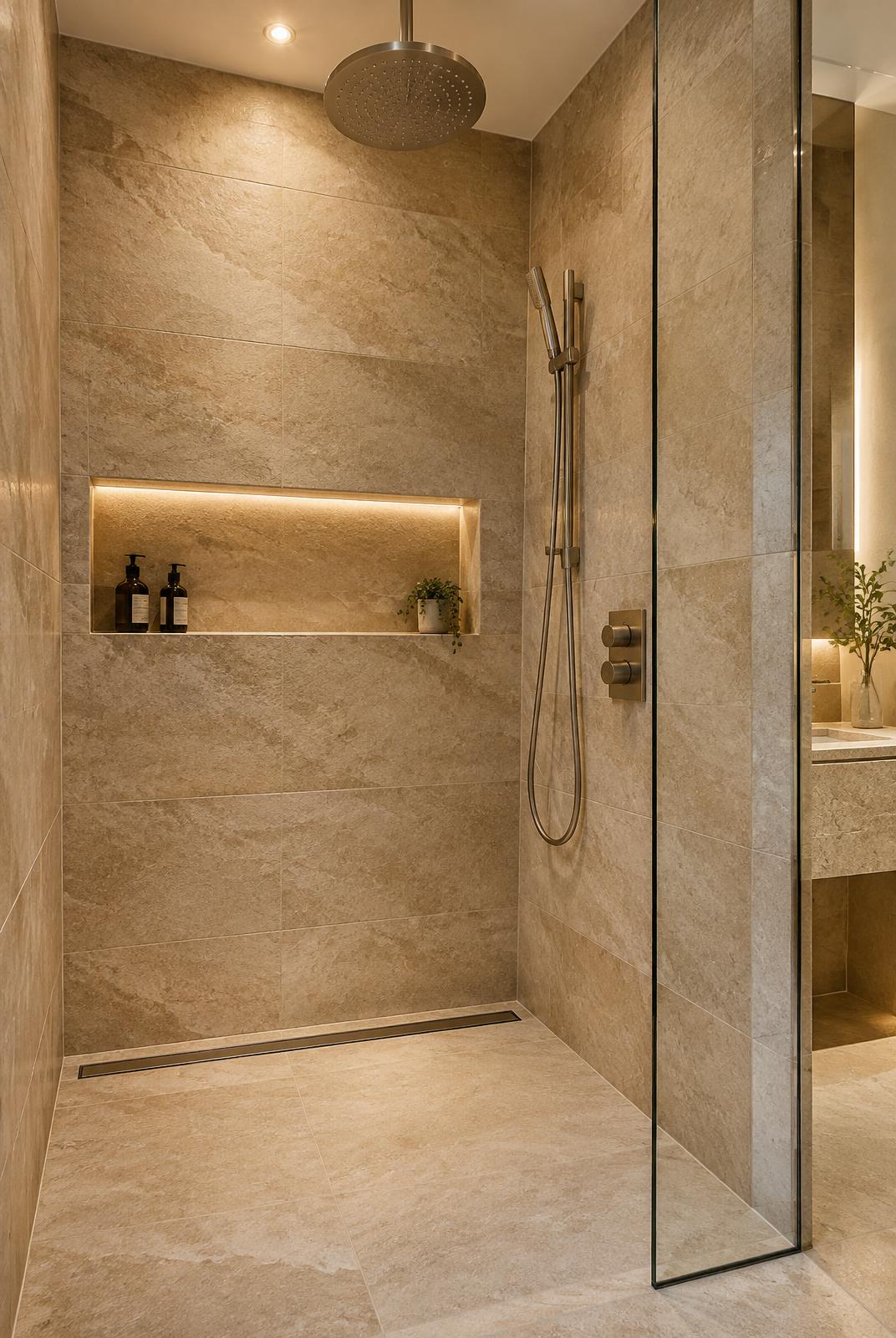 Walk-in-Dusche mit Wandkeramik in Steinoptik und beleuchteter Nische